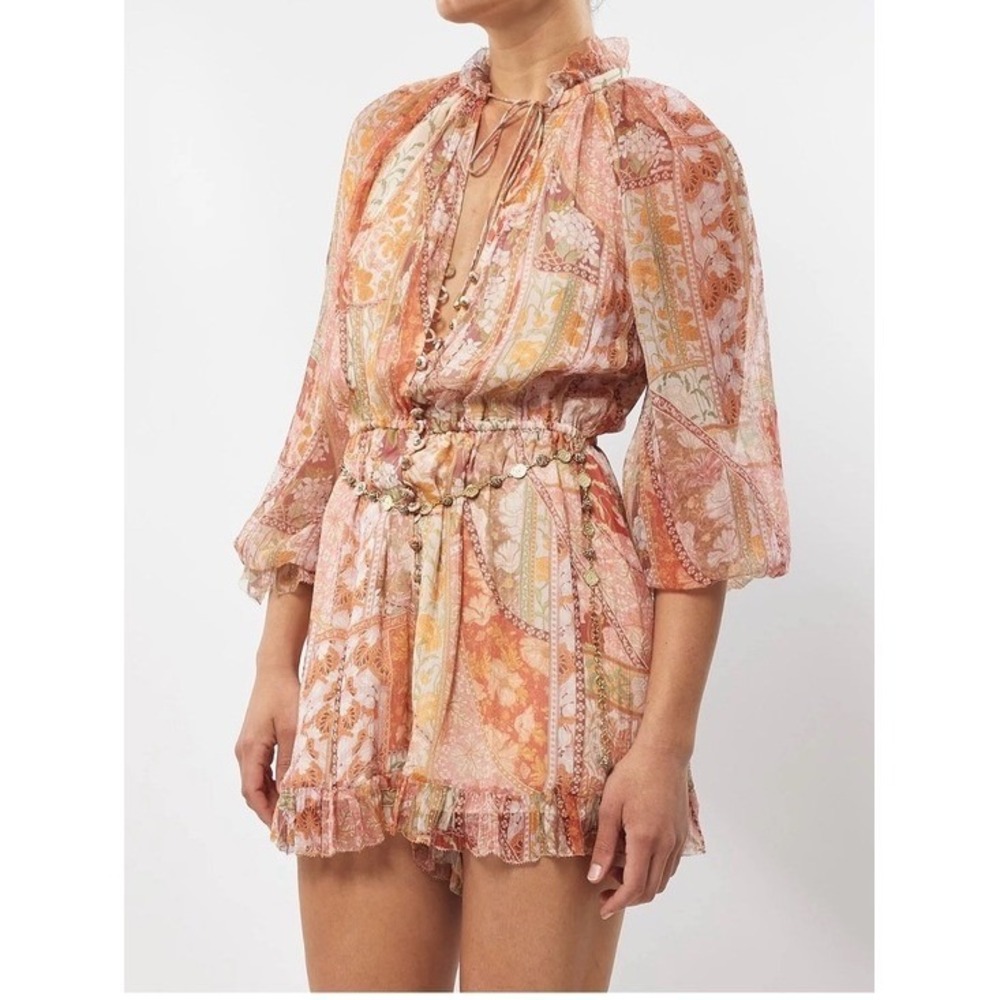 Zimmermann Floral Patchwork Romper Womens 2 Pink Boho Silk Ruffle Short Playsuit